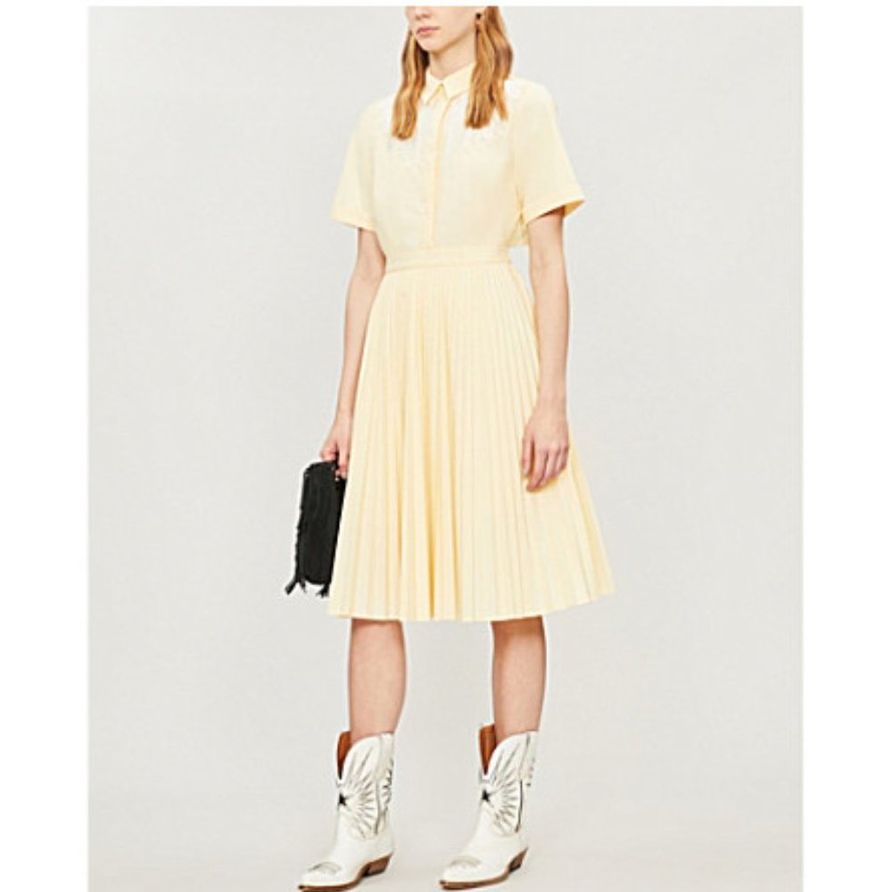 Maje Pale Yellow Pleated Short-Sleeve Midi Dress